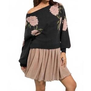 NEW ADELE BERTO floral cable knit sweater in dark charcoal